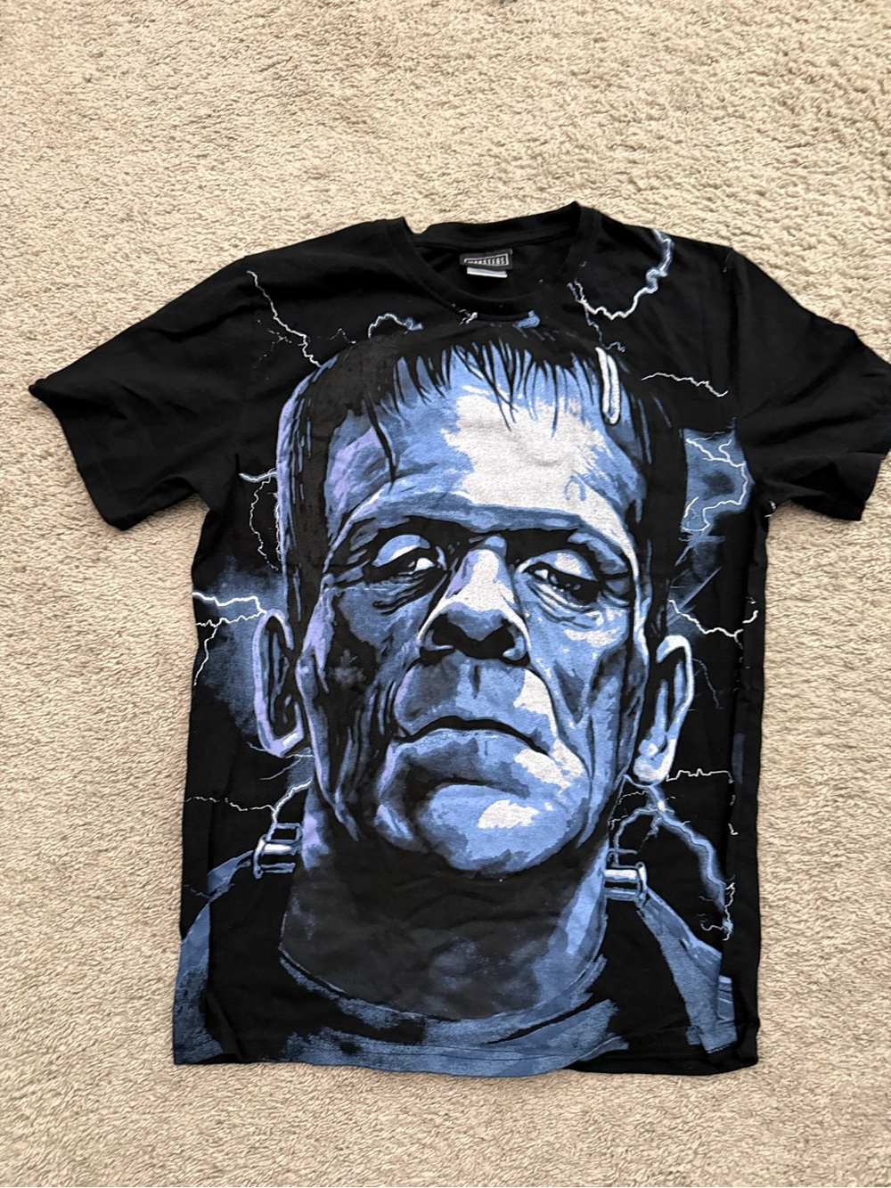 Universal Black Tee with Blue Frankenstein Graphic
